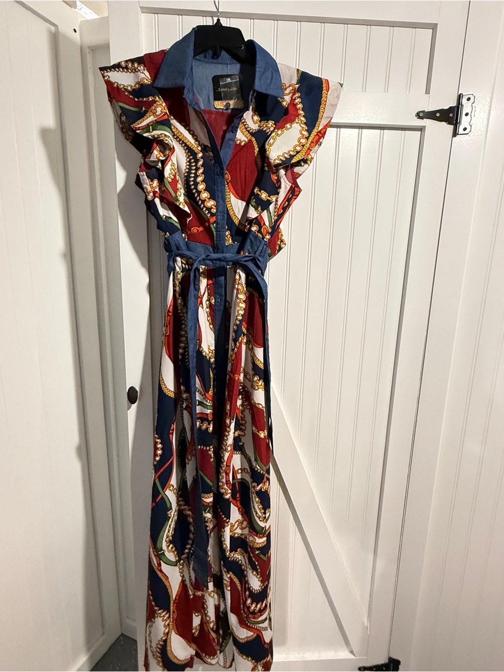 Ruffled Collar Maxi Dress with Tie Waist - Red, Navy & White